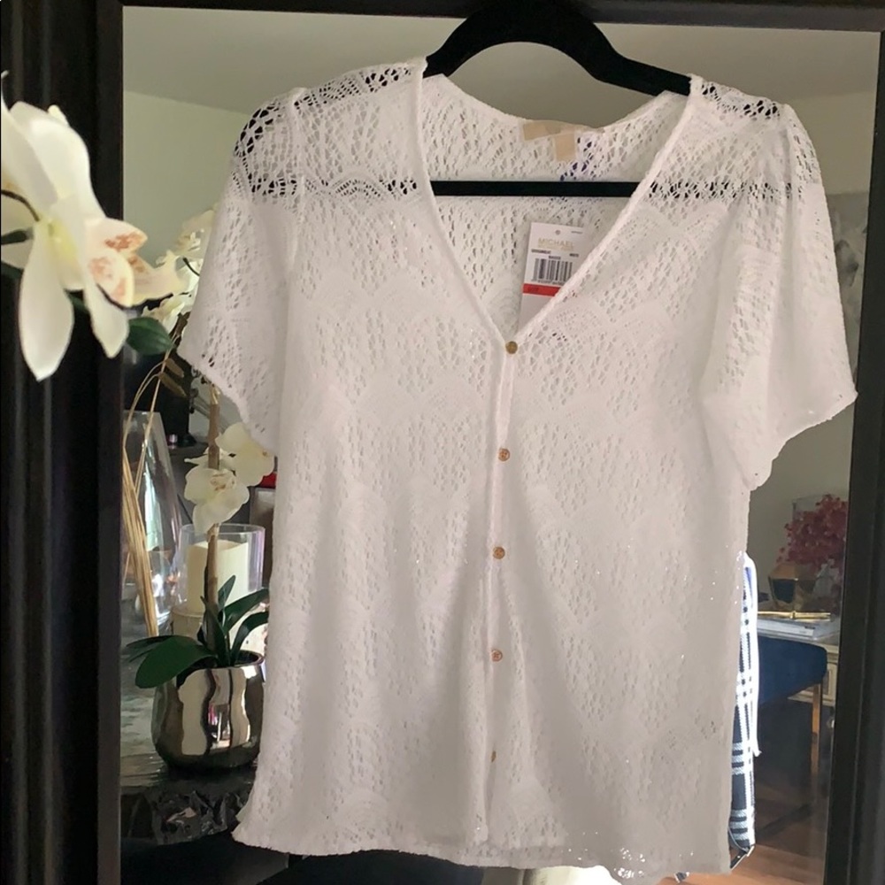 Michael Kors white and gold crochet seethrough top